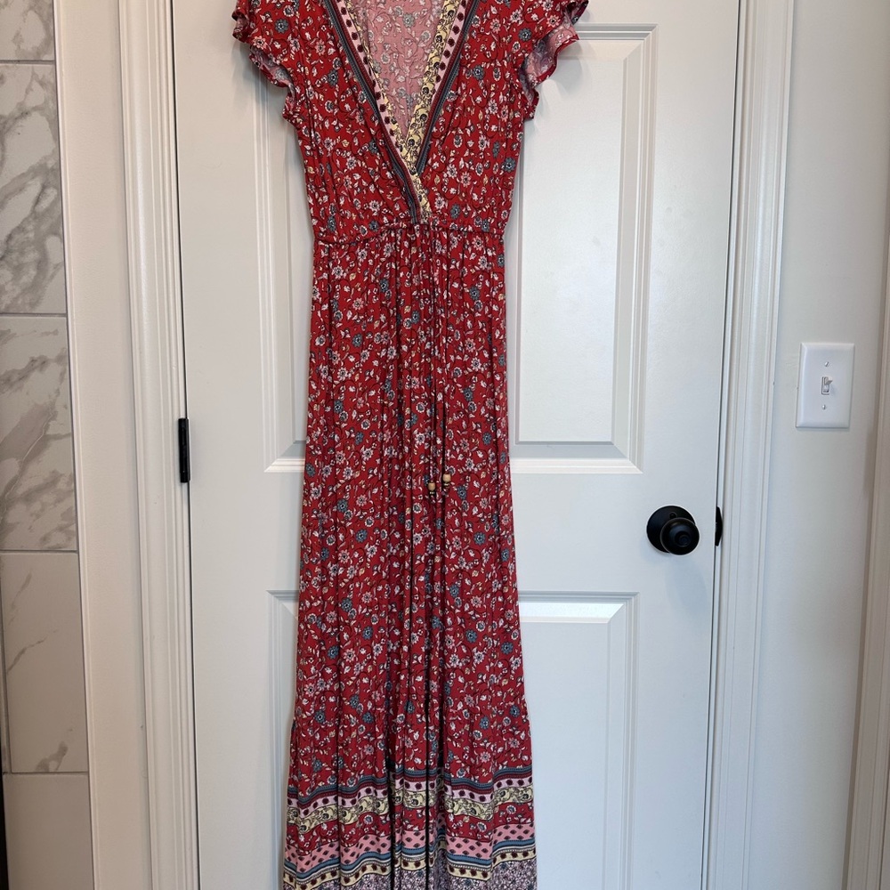 BeBop Red Floral Maxi Dress with Ruffle Sleeves